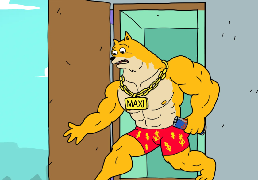 筋肉質の柴犬キャラクター「Maxi Doge」が赤いドル柄の短パンと金色のネックレスを着け、ドアの前で力強く腕を広げてポーズを取っているイラスト。背景にはシンプルな室内が描かれ、キャラクターの体格と迫力が強調されている。