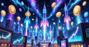 近未来のネオン都市の上空にロケットが飛び立ち、周囲にビットコインなどの暗号資産アイコンが浮かぶ、ミームコイン市場の盛り上がりや上昇期待を象徴したイラスト。