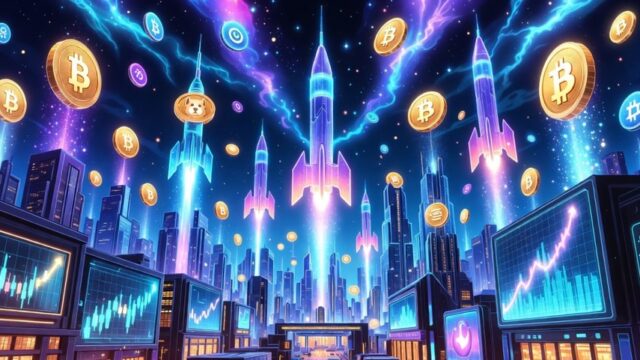 近未来のネオン都市の上空にロケットが飛び立ち、周囲にビットコインなどの暗号資産アイコンが浮かぶ、ミームコイン市場の盛り上がりや上昇期待を象徴したイラスト。