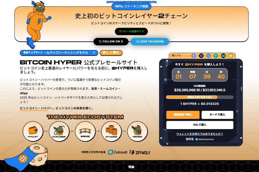 Bitcoin Hyper の公式プレセール紹介画像で、レイヤー2プロジェクトの説明、エコシステム図、カウントダウン付き購入パネルや支払い方法がまとめて表示されているスクリーンショット。
