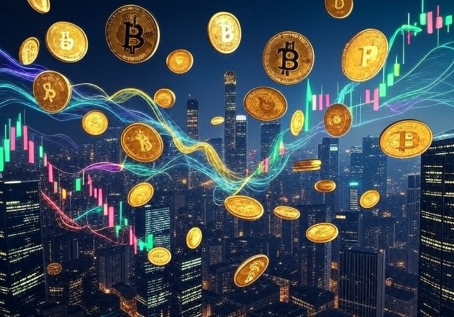 複数のビットコインがデジタル空間に浮かび、背後の都市と上昇する緑のチャートが描かれている。主要ミームコインの一斉上昇や強気相場の突入を表現した未来的ビジュアル。
