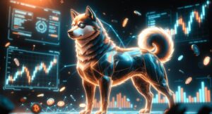 暗号チャートを背景に輝く柴犬のイラスト。ミームコインの代表的存在として描かれたMaxi Dogeが、強気相場を象徴するように堂々と立っている。
