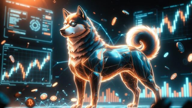 暗号チャートを背景に輝く柴犬のイラスト。ミームコインの代表的存在として描かれたMaxi Dogeが、強気相場を象徴するように堂々と立っている。