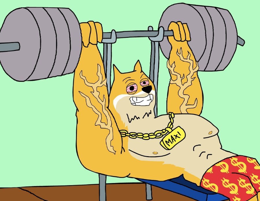 筋肉質なドージがベンチプレスを持ち上げるコミカルなイラスト。トレーニング姿で『強気ドージ』を象徴し、ミームコイン市場の勢いを表現している。