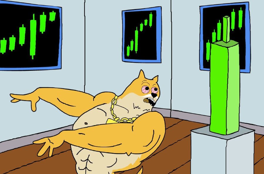筋肉質なドージが巨大な緑色のローソク足チャートにまたがり、得意げな表情を浮かべているミームイラスト。仮想通貨市場の急騰や熱狂をユーモラスに表現している。
