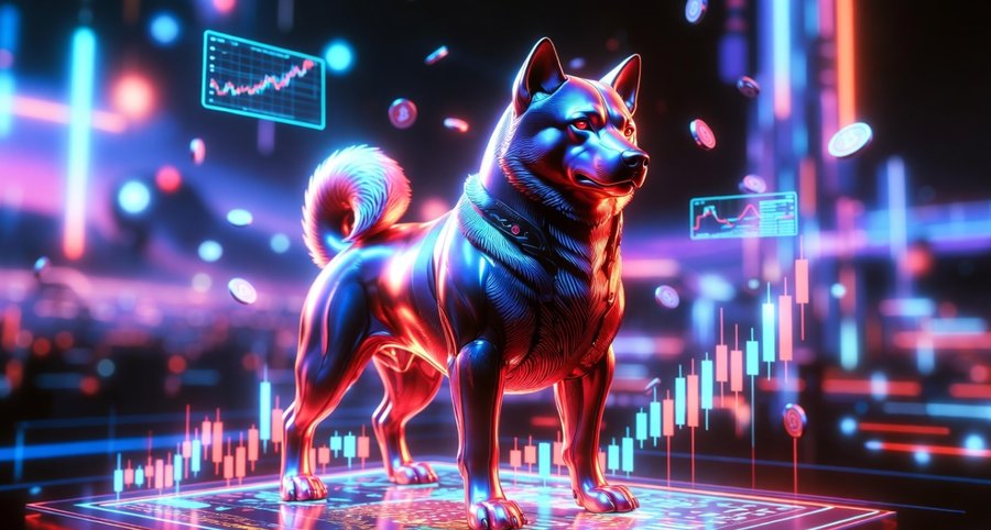 ネオンライトに照らされた近未来的な都市を背景に立つ柴犬のイラスト。ビットコインやミームコイン市場の熱気と価格上昇を象徴している。