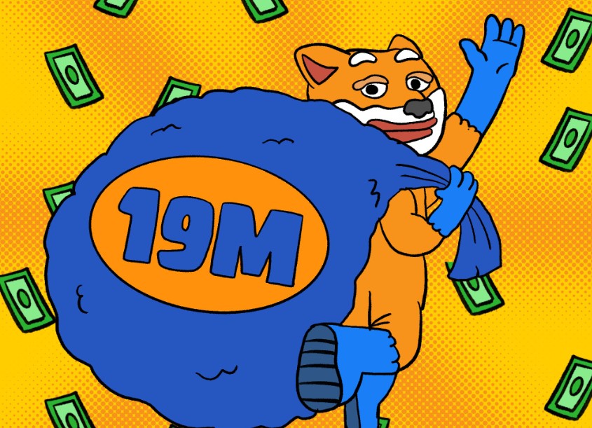 青いスーツを着たオレンジ色のキャラクターが『19M』と書かれた巨大な袋を抱えているイラスト。周囲にはドル紙幣が舞い、Bitcoin Hyper の資金調達や成長を象徴している。
