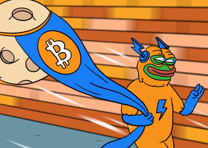 青いマスクとマントを着たヒーロー風キャラクターが、ビットコインのロゴが描かれた丸太を持ち上げて走る姿。Bitcoin Hyper の力強さとユニークさを象徴するイラスト。
