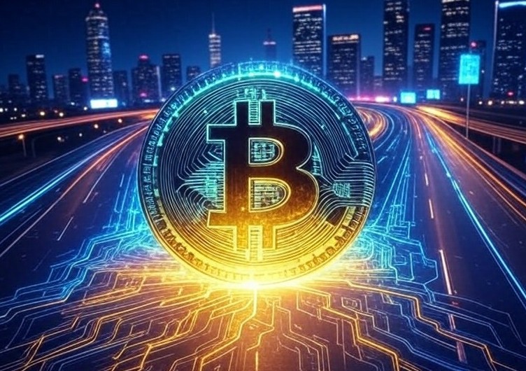 中央に巨大なビットコインが浮かび、その周囲を光の回路のような模様が取り囲む未来都市のイメージ。ブロックチェーンと金融革新を表現している。
