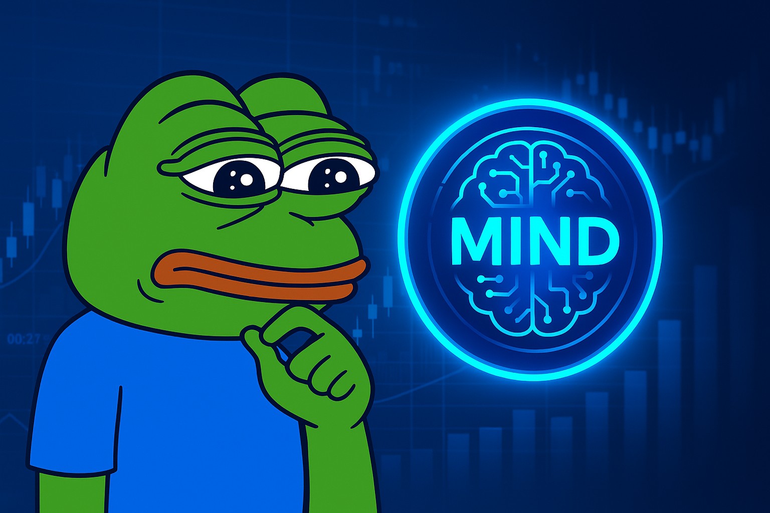 思案顔のPepe the Frogが、青く光る脳の形をした「MIND」ロゴを見つめているイラスト。背景には仮想通貨のチャートを思わせるグラフ線が描かれており、テクノロジー感のある演出が施されている。
