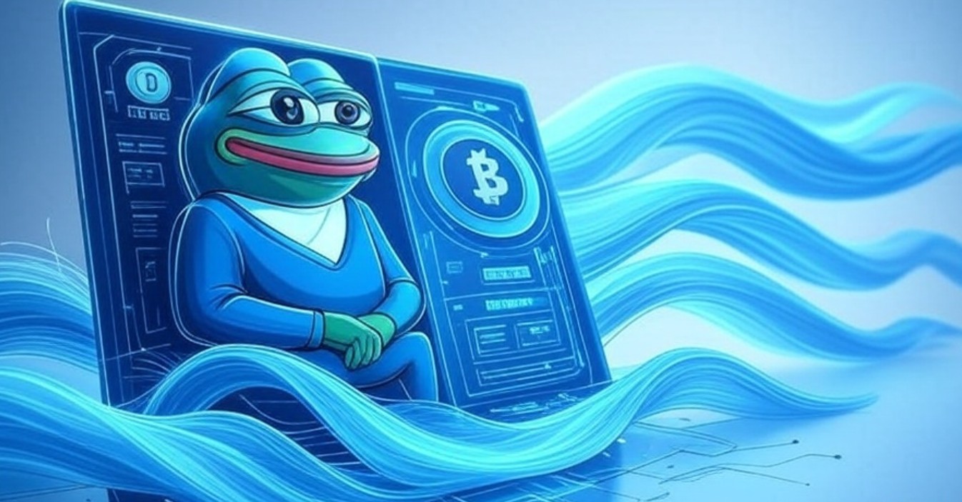 青いフード付きパーカーを着たPepe the Frogが、AIとビットコインのアイコンが表示された仮想通貨のダッシュボード前に立っているイラスト。背後には流れるようなデジタルの波が広がり、先進的なテクノロジーの雰囲気を表現している。