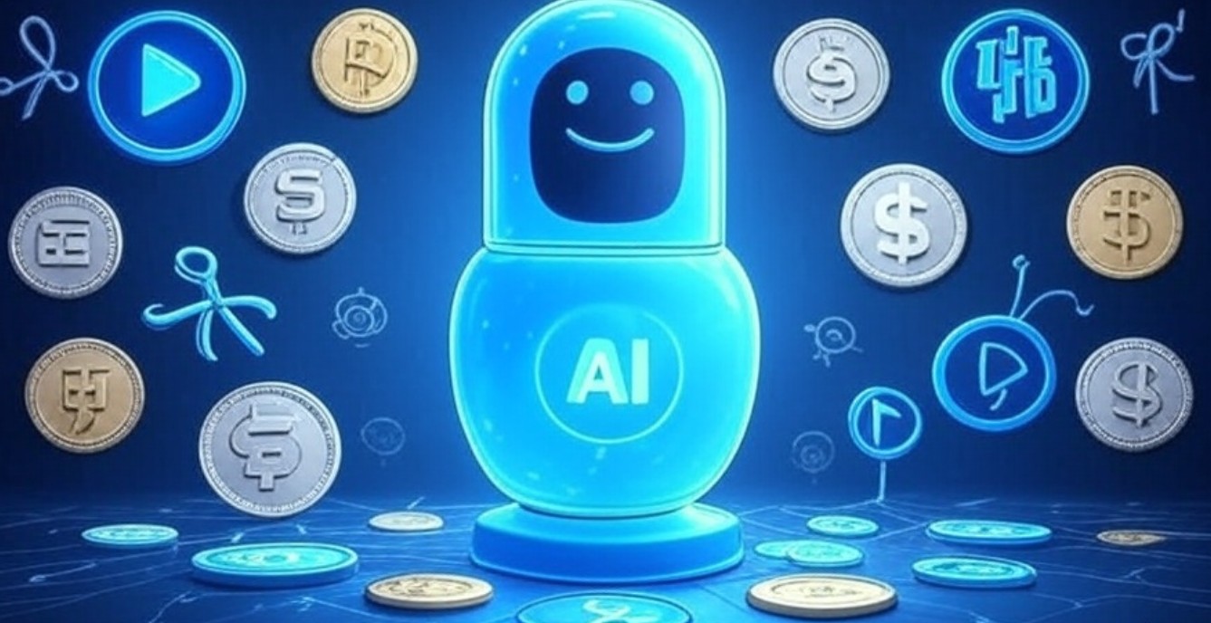 中央に青いマトリョーシカ型のAIキャラクターが描かれ、その周囲にドル、ビットコイン、イーサリアムなど様々な仮想通貨のロゴが浮かぶイラスト。背景はデジタル感のある青い光で統一されている。