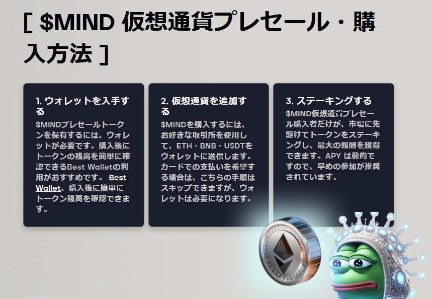 \$MIND仮想通貨の購入手順を示す3つのステップを解説したインフォグラフィック。左から「ウォレットを入手する」「仮想通貨を追加する」「ステーキングする」の順に説明があり、右下には王冠をかぶったPepe the Frogとイーサリアムのコインの3Dアイコンが配置されている。