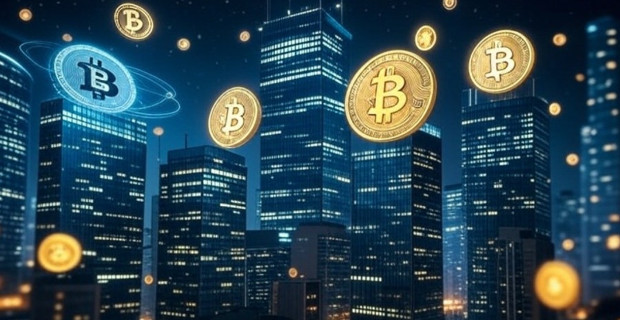 夜の高層ビル街を背景に、ビットコインとイーサリアムをはじめとする仮想通貨のコインが空中を舞っている様子。中央の上空にあるETH/BTCのシンボルは、価格比率や相関性の示唆として強調され、アルトコインシーズン突入の兆しをビジュアルで表現