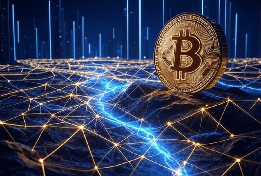 電流が走るような青いエネルギーが流れる地面に立つビットコイン。背景には無数の光の柱が立ち並び、テクノロジーと金融の融合を象徴している