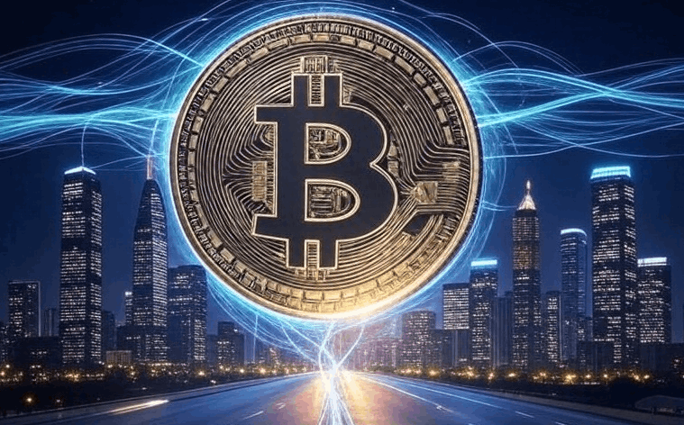 ビル群の上空に巨大なビットコインが浮かび、青い光のラインがネットワークを象徴するように交差している近未来的な都市の風景