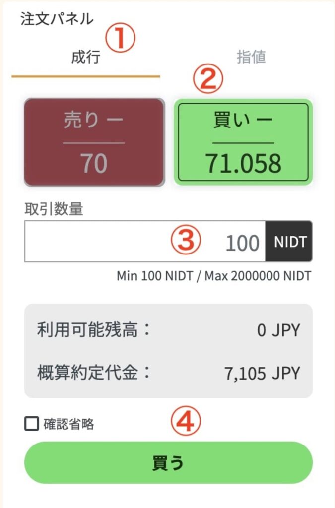 coinbookの注文メニュー