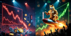 「11月AI仮想通貨30%超急落、資金が向かう「次のドージコイン候補」という見出しの下にある、AIが生成したと見られる仮想通貨市場のイメージ。中央には、ロケットに乗って急上昇する柴犬（ドージ）が描かれており、背景には急落を示す赤いグラフと急上昇を示す緑のグラフが対照的に示されている。AI関連の仮想通貨が急落し、資金が**Maxi Doge ($MAXI)**のようなミームコインに向かっている状況を象徴している。」
