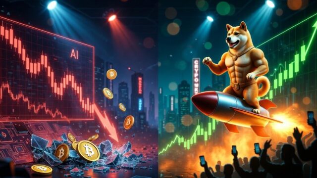 「11月AI仮想通貨30%超急落、資金が向かう「次のドージコイン候補」という見出しの下にある、AIが生成したと見られる仮想通貨市場のイメージ。中央には、ロケットに乗って急上昇する柴犬（ドージ）が描かれており、背景には急落を示す赤いグラフと急上昇を示す緑のグラフが対照的に示されている。AI関連の仮想通貨が急落し、資金が**Maxi Doge ($MAXI)**のようなミームコインに向かっている状況を象徴している。」