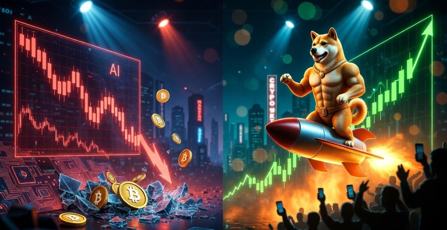 「11月AI仮想通貨30%超急落、資金が向かう「次のドージコイン候補」という見出しの下にある、AIが生成したと見られる仮想通貨市場のイメージ。中央には、ロケットに乗って急上昇する柴犬（ドージ）が描かれており、背景には急落を示す赤いグラフと急上昇を示す緑のグラフが対照的に示されている。AI関連の仮想通貨が急落し、資金が**Maxi Doge ($MAXI)**のようなミームコインに向かっている状況を象徴している。」