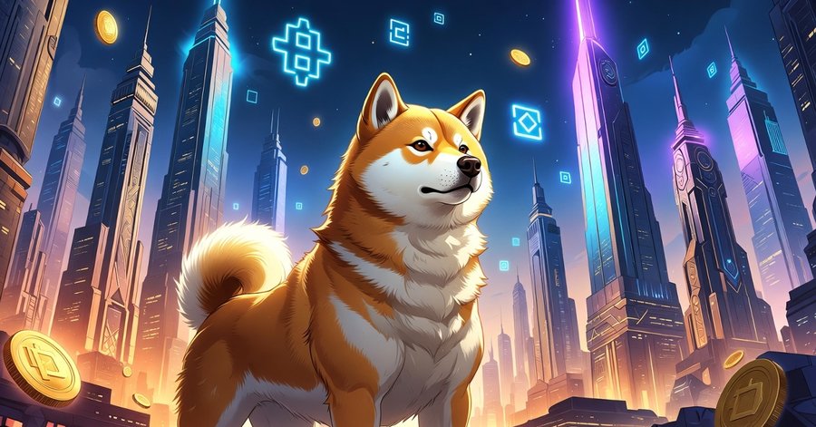 「Maxi Dogeが体現する、懐かしい仮想通貨精神という見出しの下にある、柴犬をモチーフにしたミームコインのイメージ画像。コインの上に座っている可愛らしい柴犬が描かれ、背景にはビットコインやその他の仮想通貨のシンボルが青く光っている。**初期のドージコイン（$DOGE）**のような、コミュニティ主導で親しみやすい仮想通貨の精神を表現している。」