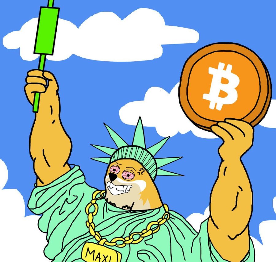 「**『なぜAI銘柄が崩れ、Maxi Dogeが伸びるのか』というセクションにあるイラスト。自由の女神のコスチュームを着て、王冠には『MAXI』と書かれた柴犬（ドージ）**が、緑色の棒（価格上昇を示すローソク足のようなもの）と、ビットコインのシンボルが入った大きなコインを手に持っている。AI銘柄の低迷とは対照的に、Maxi Dogeのようなミームコインの優位性や期待感を象徴している。」