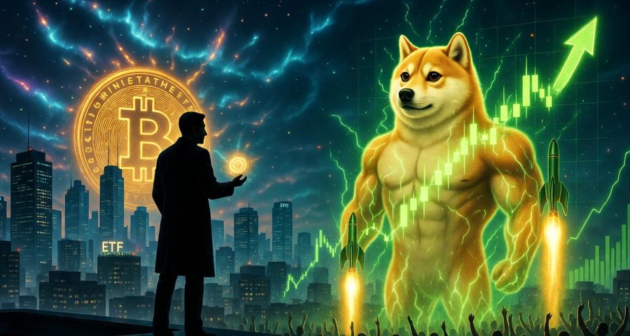 「『Elon Muskが愛したアウトサイダー、それを継ぐのがMaxi Doge』という見出しの下にある画像。ビットコインのシンボルが輝く大都市の夜景を背景に、イーロン・マスクに似たシルエットの人物が急上昇を示す緑のチャートと、その前に立つ柴犬を見つめている。これは、ミームコインがアウトサイダー的な存在から注目を集め、Maxi Dogeがその精神を受け継いでいることを示唆している。」
