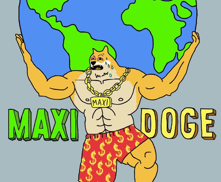 筋肉質な体つきの柴犬が「MAXI DOGE」と書かれた赤と黄色のパンツをはき、両手で地球を持ち上げているイラスト。AIブームの終焉後、Maxi Dogeが投資家の熱狂を再び集める中心的な存在となる可能性を示唆している。