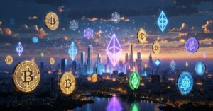 都市の夜景の上にビットコインやイーサリアムなどの仮想通貨のシンボルが浮かぶ幻想的なデジタルアート。Pepenodeプロジェクトを象徴するように、多数の暗号資産が輝いている。