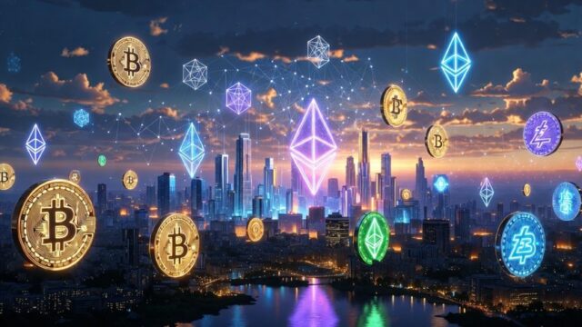 都市の夜景の上にビットコインやイーサリアムなどの仮想通貨のシンボルが浮かぶ幻想的なデジタルアート。Pepenodeプロジェクトを象徴するように、多数の暗号資産が輝いている。