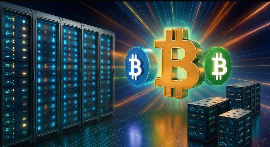 データセンターのような背景にビットコインのロゴが発光しているイメージ。仮想通貨マイニングの仕組みや市場変動を象徴している。