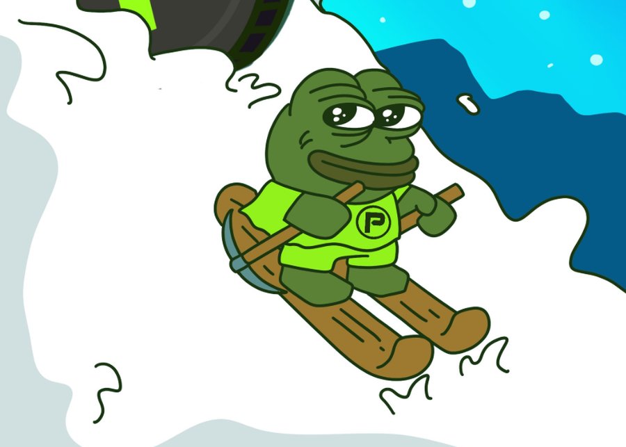 Pepe the Frogをモチーフにしたキャラクターが雪山を滑走しているイラスト。Pepeonodeの『Mine-to-Earn』を象徴するコミカルなゲーム風デザイン。