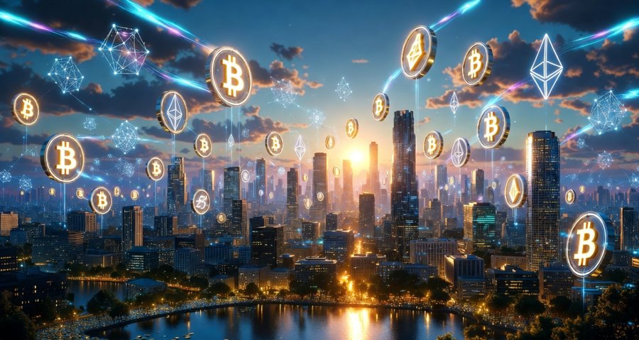 暗号通貨のアイコンが空中に浮かぶ近未来の都市風景。ブロックチェーン経済やトークンエコノミーの発展を象徴するデジタルアート。