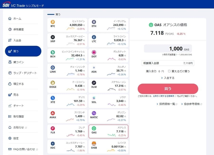 SBI VCトレードの仮想通貨購入ページ