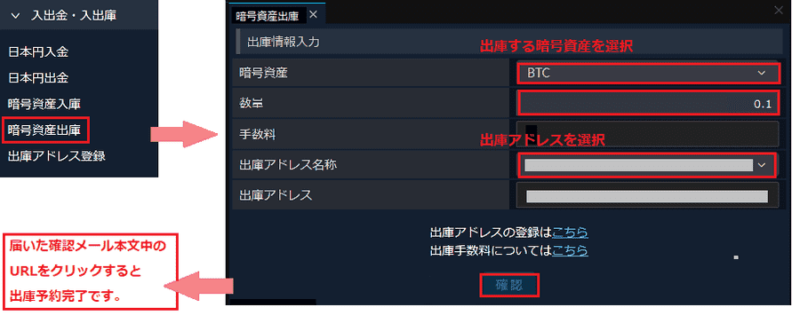 「暗号資産出庫」に移動し、数量などを入力して送金を実行