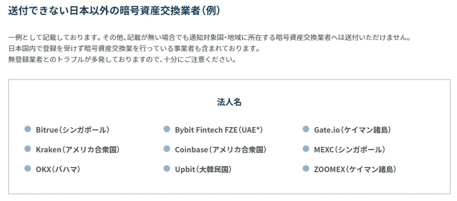 国内取引所から送金できないケースがある