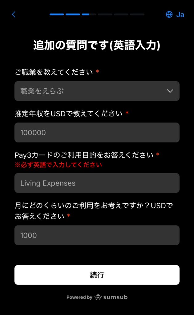 pay3の追加の質問画面