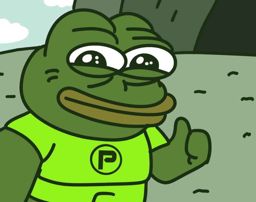 緑のシャツを着た Pepe キャラクターが親指を立てて笑顔を見せるイラスト。次の100倍コイン候補として注目される Pepenode を象徴的に表現している。
