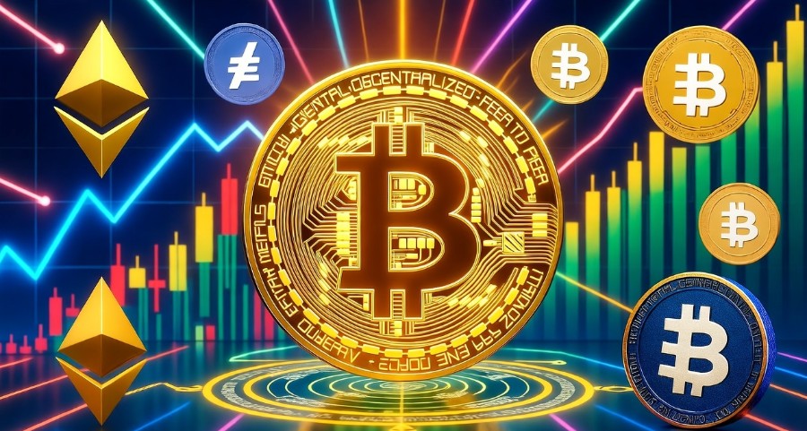 中央に金色のビットコインが配置され、周囲にはBNBやイーサリアムなどの仮想通貨コインが並ぶ。背景には青とピンクのチャートラインが交差し、暗号資産市場の上昇トレンドを表現している。
