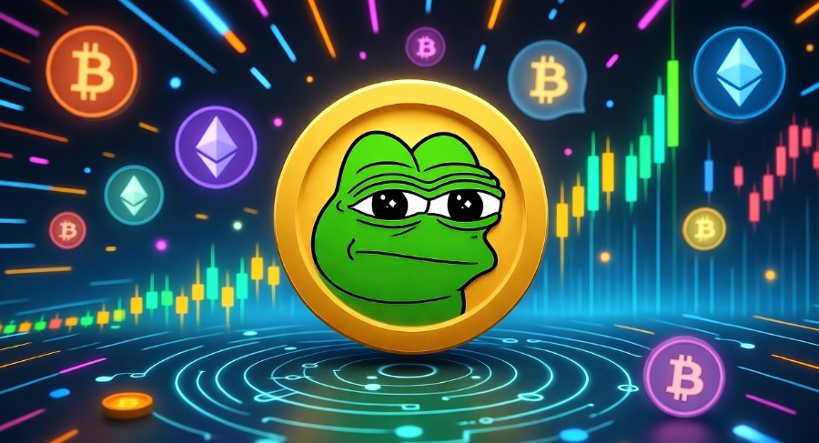 中央にPepeキャラクターが描かれたオレンジ色のコインが浮かび、周囲にビットコインやイーサリアムなどのロゴと上昇チャートが描かれている。ミームコイン市場の再注目を象徴するビジュアル。

