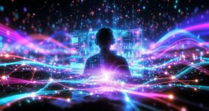 未来的なデジタル空間で、人物のシルエットが大型ディスプレイを操作しながら、ゲームと仮想通貨のネットワークが光のエフェクトで広がっている様子を描いたイラスト。