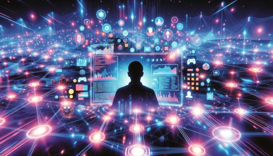 鮮やかなネオンカラーのデジタル世界で、人物の背後から見た視点で複数のホログラムディスプレイが並び、ゲームとメタバースの世界が広がっている未来的なイラスト。