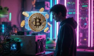 ネオンが光る室内でフードを被った人物がマイニング機器の横に立ち、中央にビットコインのコインがホログラムのように浮かぶ、Pepenodeへの注目やマイニング成功を象徴するビジュアル。