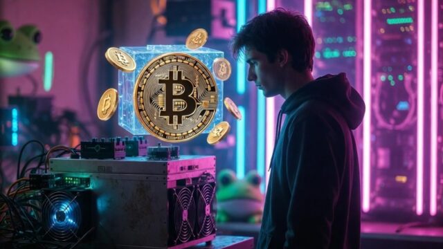 ネオンが光る室内でフードを被った人物がマイニング機器の横に立ち、中央にビットコインのコインがホログラムのように浮かぶ、Pepenodeへの注目やマイニング成功を象徴するビジュアル。