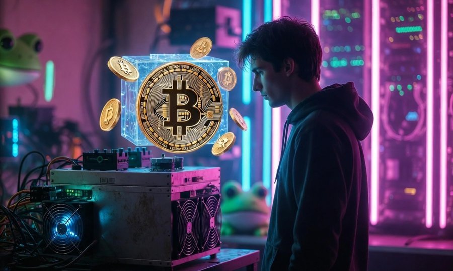 ネオンが光る室内でフードを被った人物がマイニング機器の横に立ち、中央にビットコインのコインがホログラムのように浮かぶ、Pepenodeへの注目やマイニング成功を象徴するビジュアル。