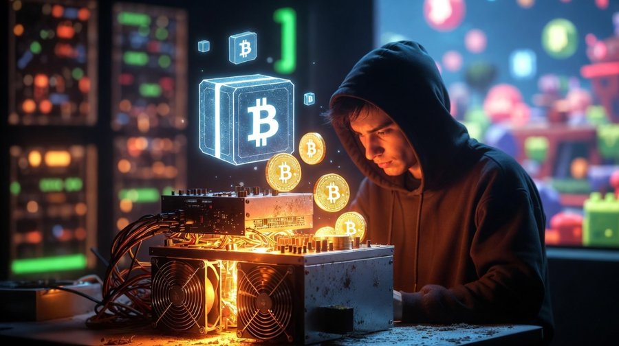 暗い作業空間でフード姿の人物がマイニング機器に向き合い、周囲に仮想通貨アイコンと光るコインが漂う、個人マイナーの成功やBTC獲得のイメージを表現したイラスト。