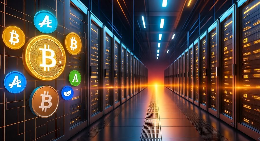 サーバールームの通路に多数のラックが並び、手前にビットコインやアルトコインのアイコンが浮かぶ、ビットコイン採掘が企業主導で進む現実と参入障壁の高さを示すイメージビジュアル。