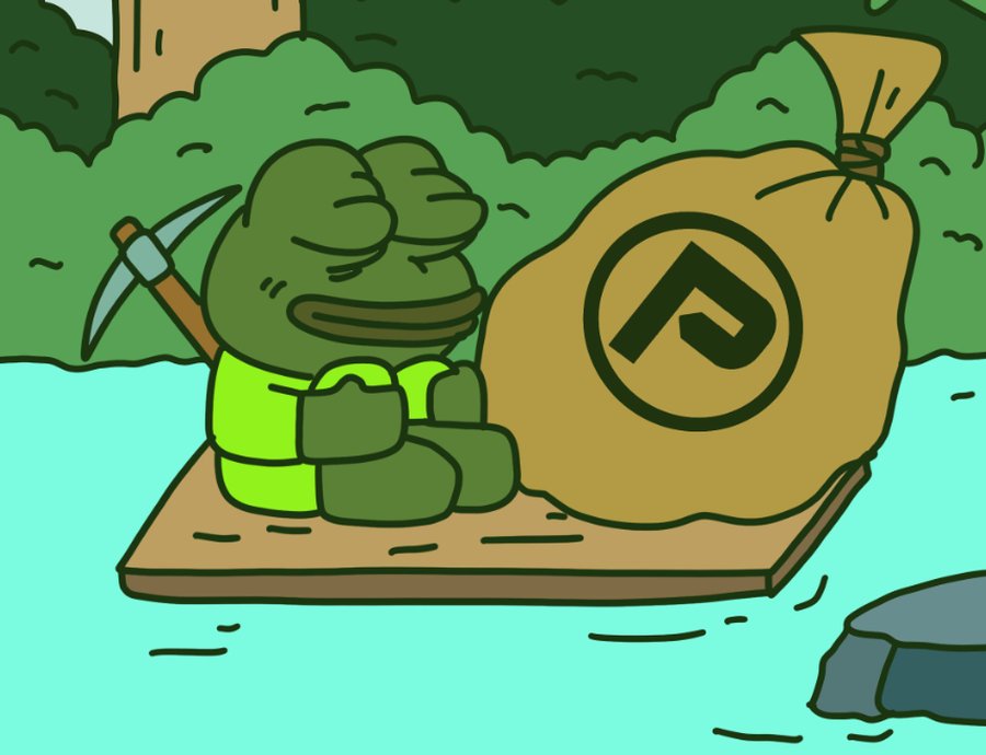 川の上の筏に座るPepeキャラクターがツルハシを持ち、隣に大きな袋（Pepenodeロゴ入り）が置かれている、Pepenodeの「育てるマイニング」コンセプトを表現したカートゥーンイラスト。