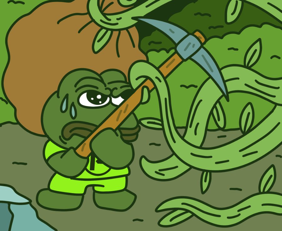 Pepeキャラクターがツルハシを持って地面から伸びるツル状の植物を掘り起こしているカートゥーンイラストで、Pepenodeの「使えば使うほど掘る／育てる」マイニング要素を象徴している。