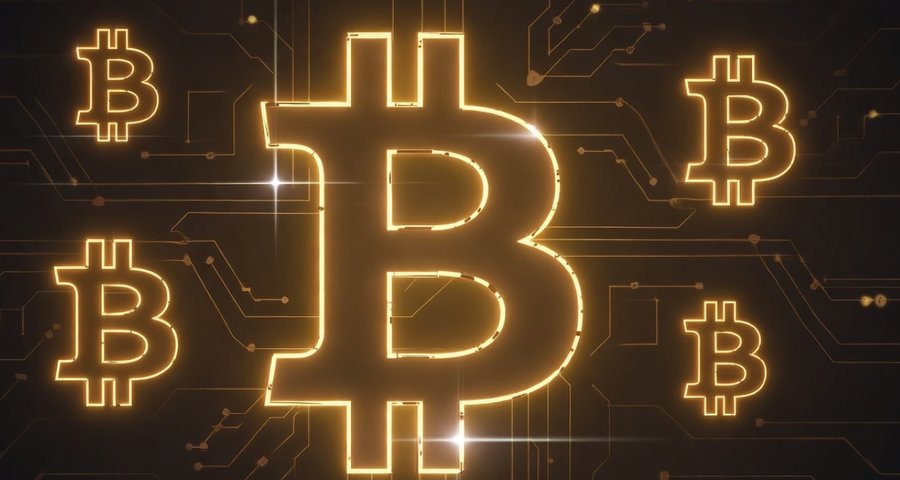発光する金色のビットコインマークが中央に描かれ、背景にデジタル回路の模様が広がる。仮想通貨市場の成長やマイニングの変化を示唆するビジュアル。